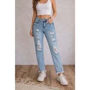 KanCan Women's 7/27 Blue Distressed High Rise Boyfriend Jeans Denim